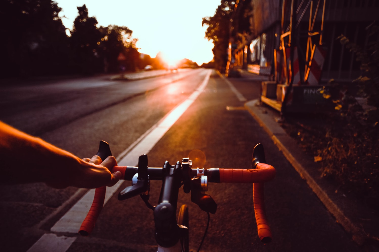 a person riding a bicycle during sunrise.